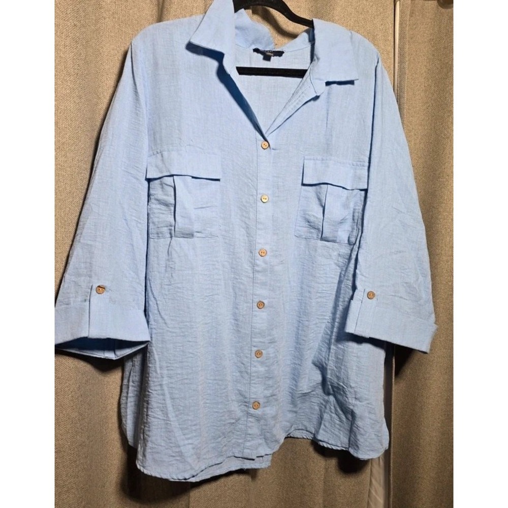 NAÏF Women 3X Light Blue Textured Button Down 3/4 Sleeve Blouse Shirt